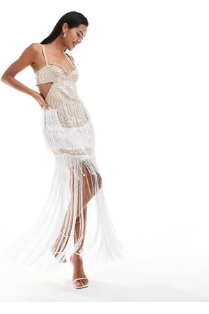 ASOS Cupped embellished cut out maxi dress with fringing in stone