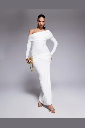 Missyempire Double sculpted slinky asymmetric fold over shoulder drape detail bodycon maxi dress in
