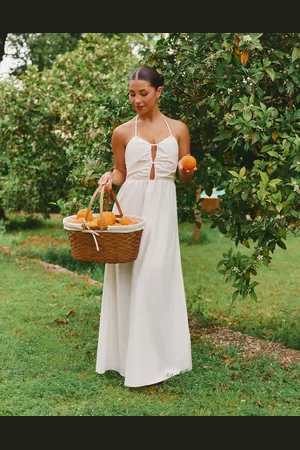 The Frolic X Lydia Kara exclusive linen look halterneck keyhole detail maxi dress in