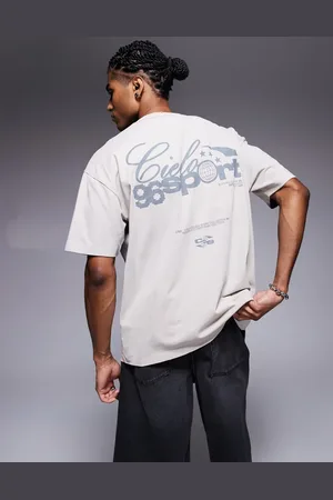 ASOS Boxy oversized t-shirt in heavyweight 220gsm washed beige with sports text graphic