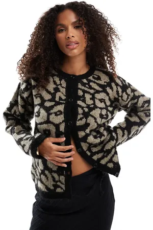 ASOS Fluffy knit crew neck cardigan in leopard