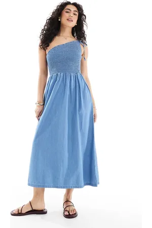 ASOS Soft denim midi dress with asymmetric neckline in midwash