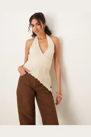 ASOS Asymmetric wrap halter textured top in ecru