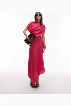 MANGO Off the shoulder asymetric rushed bodice dress in raspbery