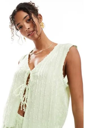Pieces® Textured tie front sleeveless top co-ord in gleam