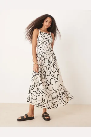 ASOS Square neck dropped waist midi dress in neutral floral print