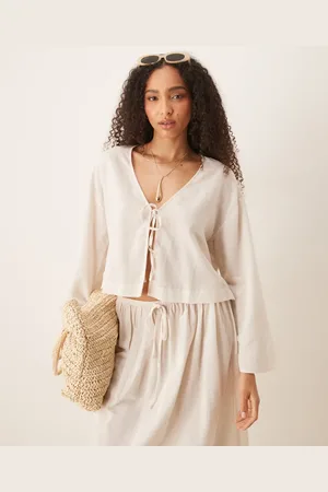 ASOS Belle linen blend beach tie front top in natural