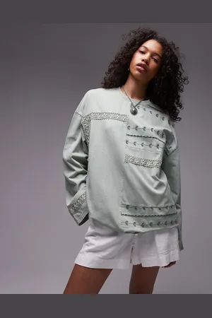 Topshop Washed crochet long sleeve skater in sage