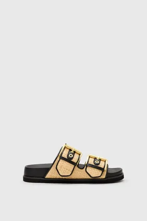 AllSaints Sian raffia leather sandals in black and