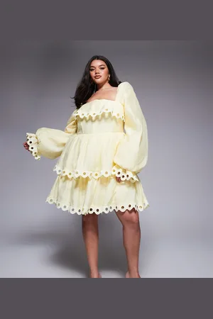 ASOS Curve tiered puff sleeve mini dress with cut out trim in buttermilk