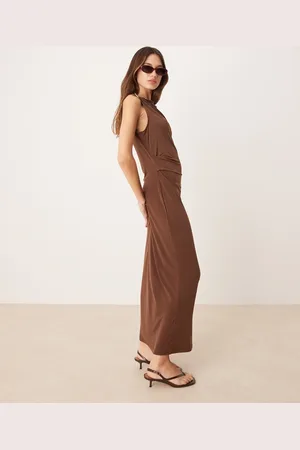 MANGO Cinched waist maxi dress with gold accent shoulder in chocolate