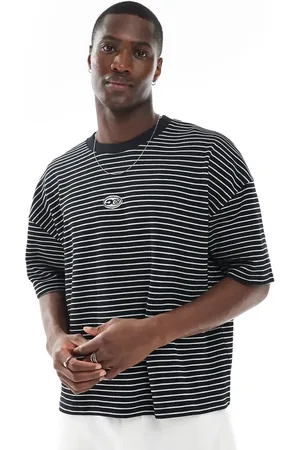 ASOS Boxy dropped shoulder striped t-shirt in and white with chest embroidery