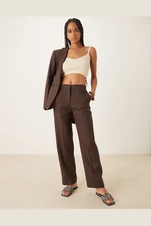 MANGO Soft touch linen tailored trouser co-ord in chocolate