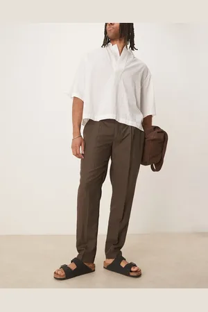 MANGO Linen slim fit trouser in chocolate