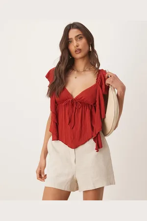 ASOS Crinkle flutter sleeve open back top in rust