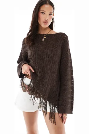 ASOS Knitted crochet slouchy one shoulder fringe jumper in chocolate