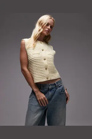 MANGO Knitted button thorugh vest in buttermilk
