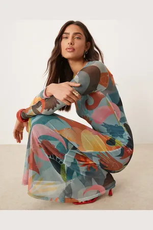 Never Fully Dressed Long sleeve mesh midaxi dress in blue balearic print