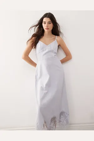 Reclaimed Denim lace insert strappy cami midi dress in light wash - MBLUE