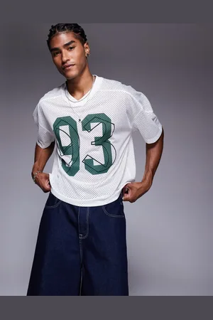 ASOS Boxy oversized t-shirt with dropped shoulder and v neck with sports graphic in ecru airtex