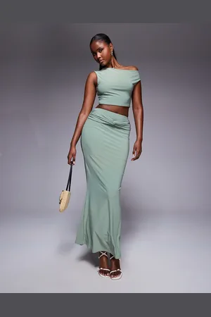 Missyempire Double sculpted slinky knot front maxi skirt co-ord in sage