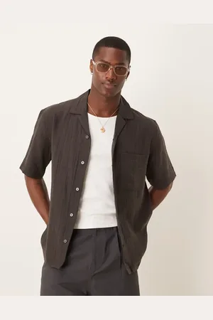 MANGO Relaxed cotton crochet short sleeve shirt in chocolate