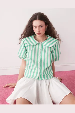 Reclaimed Short sleeve shirt with peter pan collar in green deckchair stripe