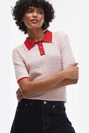 Topshop Cable stitch shrunken rugby top in and red