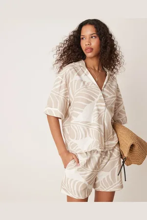 VILA Boxy polo detail top co-ord in oversized tonal leaf print