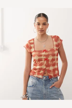 Reclaimed Square neck mesh top in check floral print