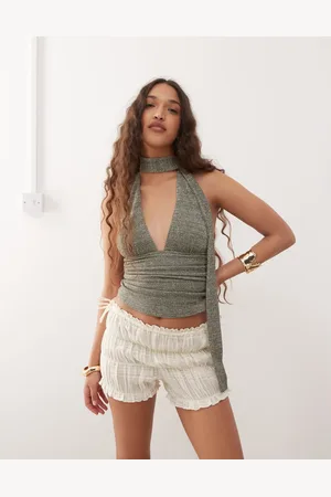 Motel Cosimo glitter knit scarf halter top in khaki