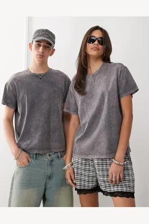 Reclaimed Unisex acid wash cropped boxy tshirt in charcoal