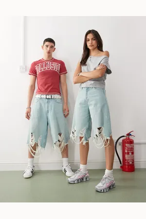 Weekday Unisex super oversized distressed denim shorts in wash