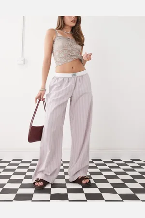 Monki Wide leg pull on trousers with foldable waistband in light stipe