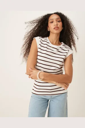 ASOS Corset waist sharp shoulder tank top in brown and cream stripe