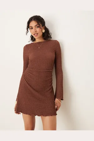 ASOS Slash neck textured mini dress with flare sleeve in