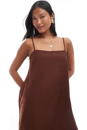 VERO MODA Linen touch throw on mini dress in chocolate