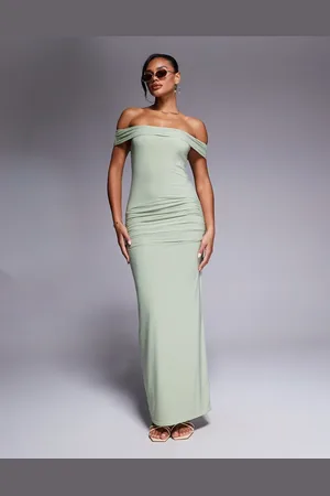 Kaiia Exclusive slinky bardot gathered waist detail maxi dress in sage