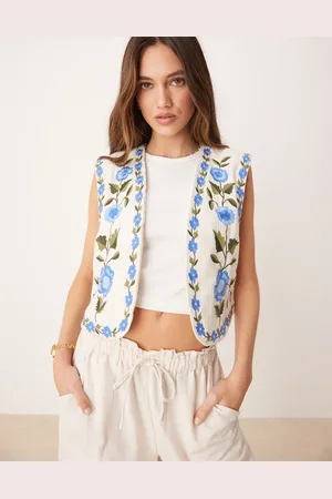 Y.A.S Festival boho floral embroidered open waistcoat in cream and blue