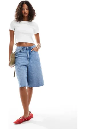 Pieces® Longline straight leg jort in light denim wash