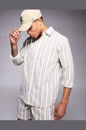 South Beach Long sleeve beach shirt in beige and white stripe