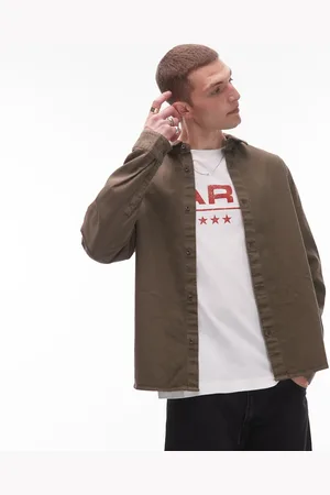 Topman Long sleeve washed canvas overshirt in khaki