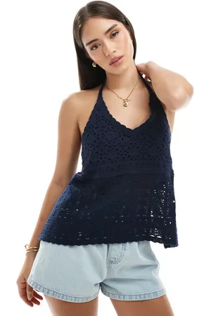 Hollister Crochet halterneck top in navy blue