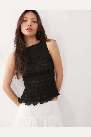 Amy Lynn Sonya shirred slash neck sheer top in