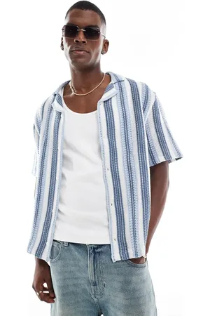 Hollister Short sleeve crochet contrast stripe shirt in blue stripe