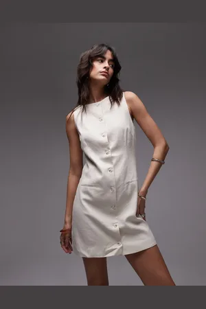 MANGO Linen mix button through straight fit mini dress in ecru