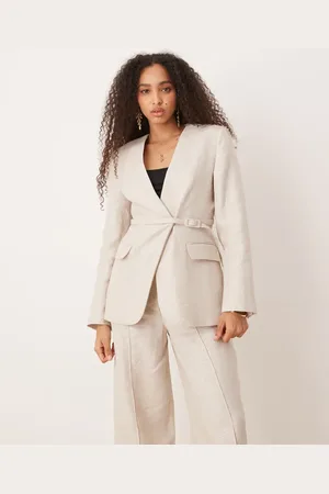 MANGO Linen v-neck blazer with cinch waist belt detail co-ord in oatmeal