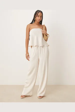 Six Stories Tie waist wide leg satin trouser co-ord in oyster