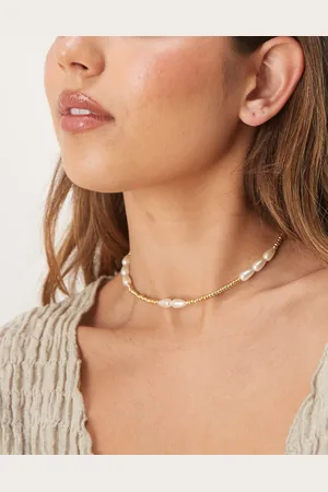 ASOS Short necklace with bead and faux pearl details in brushed tone