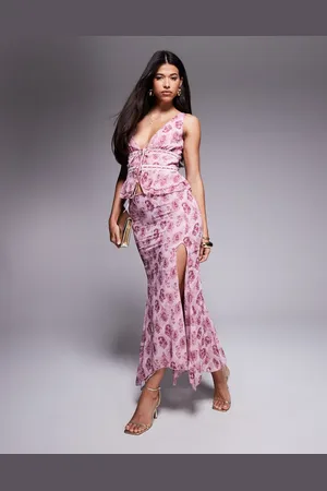 Princess Polly Chiffon asymmetric hem maxi skirt co-ord in pink paisley floral